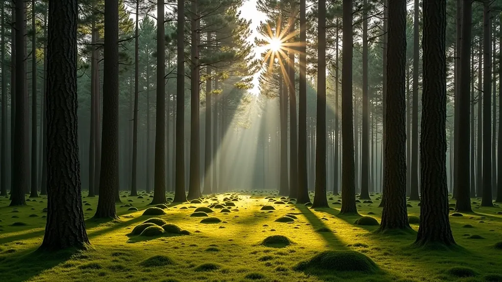 Coastal pine forest with tall straight pine trees, forest floor covered in soft moss and needles, glimpses of light between trees, peaceful woodland atmosphere