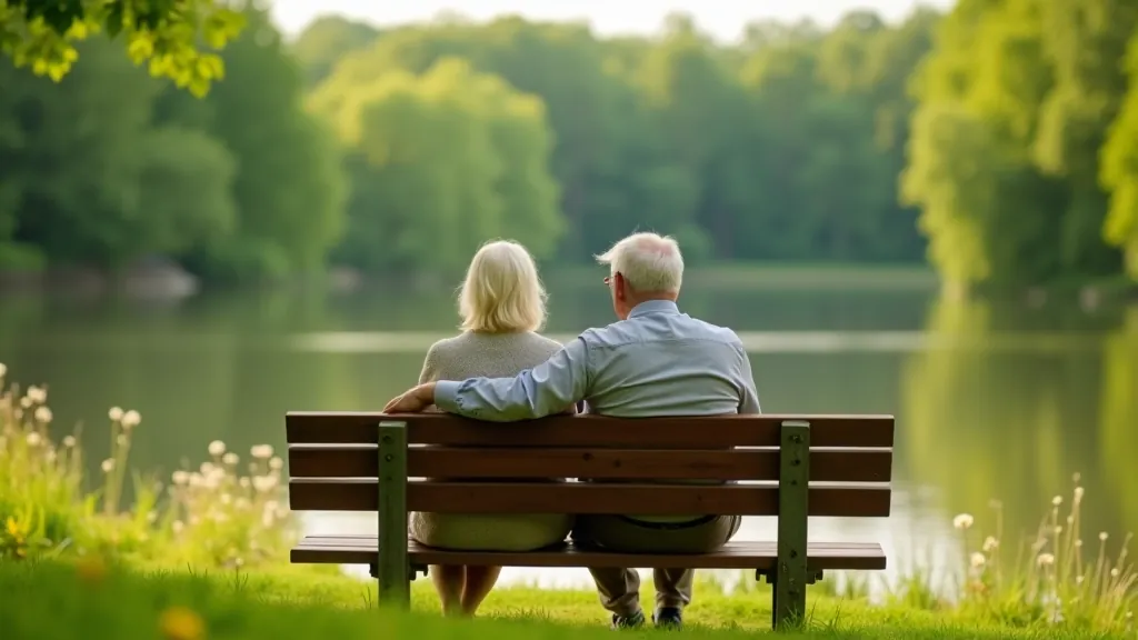 Elderly couple sitting on a wooden bench overlooking a calm lake surrounded by green trees and wildflowers