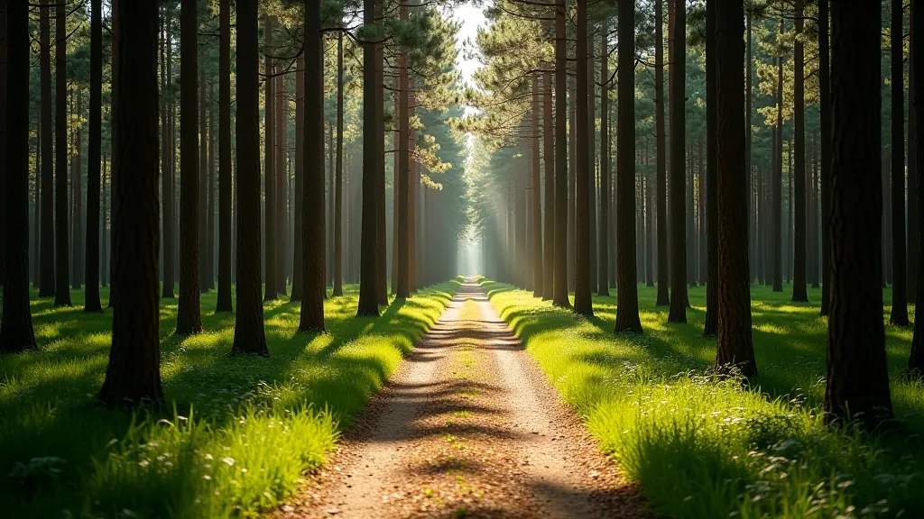 Forest path through pine woodland with soft natural lighting