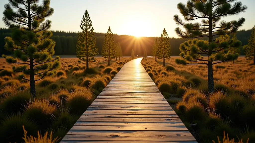 Wooden boardwalk stretching into distance with low-growing pine trees on both sides and moss-covered ground, afternoon golden light