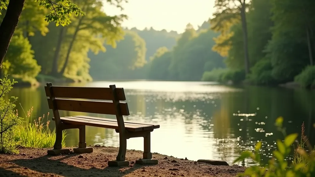 Peaceful riverside bench overlooking the Gauja River with forest-covered banks and calm water reflecting the sky