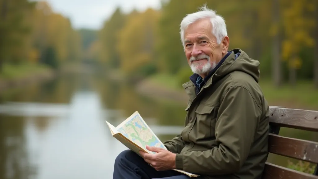 Person in casual outdoor clothing sitting on a riverside bench with a map and water bottle, looking out over the valley