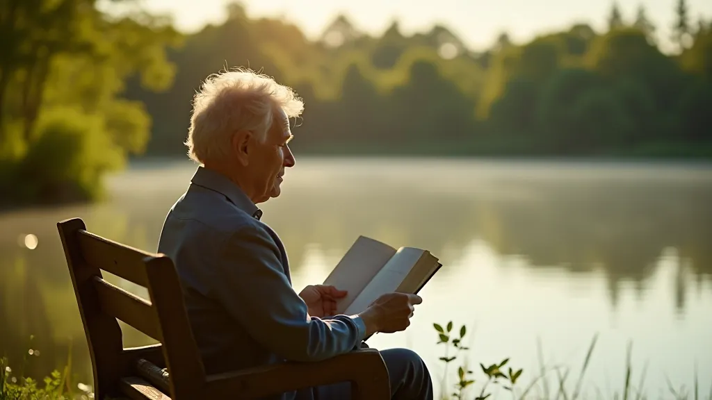 Person reading book on wooden bench overlooking tranquil lake with forest backdrop