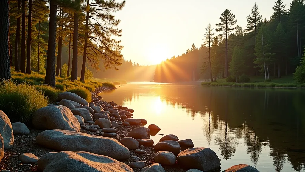 Scenic lake landscape with rocky shore and pine trees in golden afternoon light