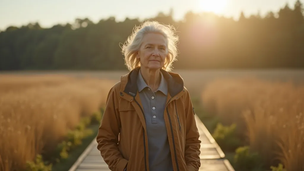 Person standing on wooden boardwalk surrounded by bog landscape with small pine trees and moss, misty morning light filtering through