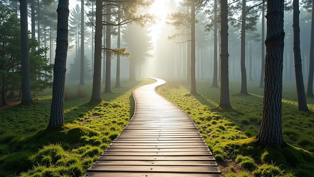 Wooden boardwalk pathway winding through misty bog landscape